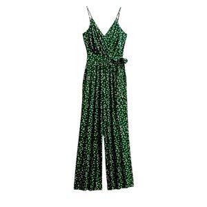 Green‎ and White Polka Floral Jumpsuit with Wide-Leg Fit